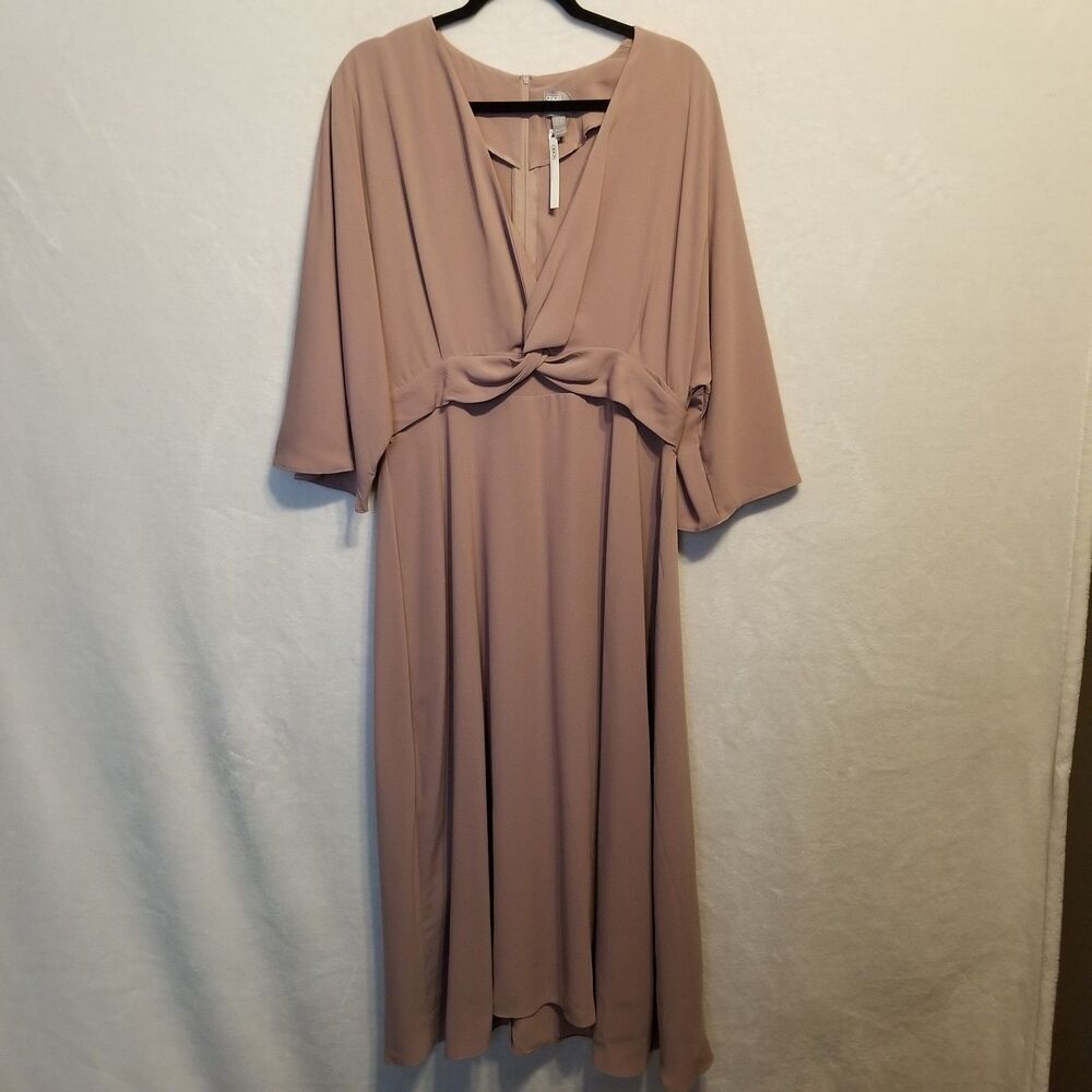 ASOS 16 Dress Midi Elastic Waist Kimono Sleeve Dusty Rose Surplice V Neck Event